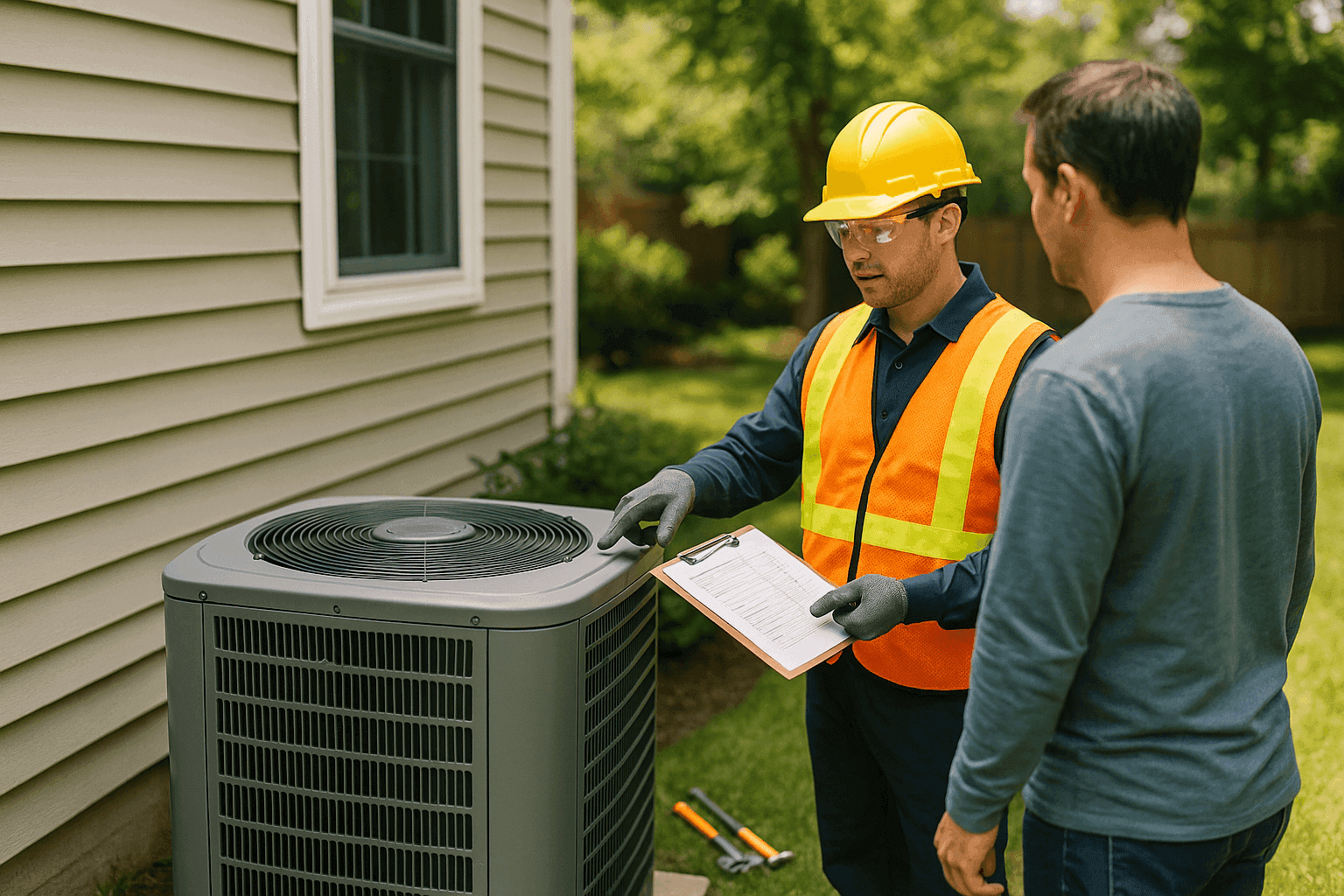 Homeowner inspecting outdoor air conditioner condenser unit with a checklist
