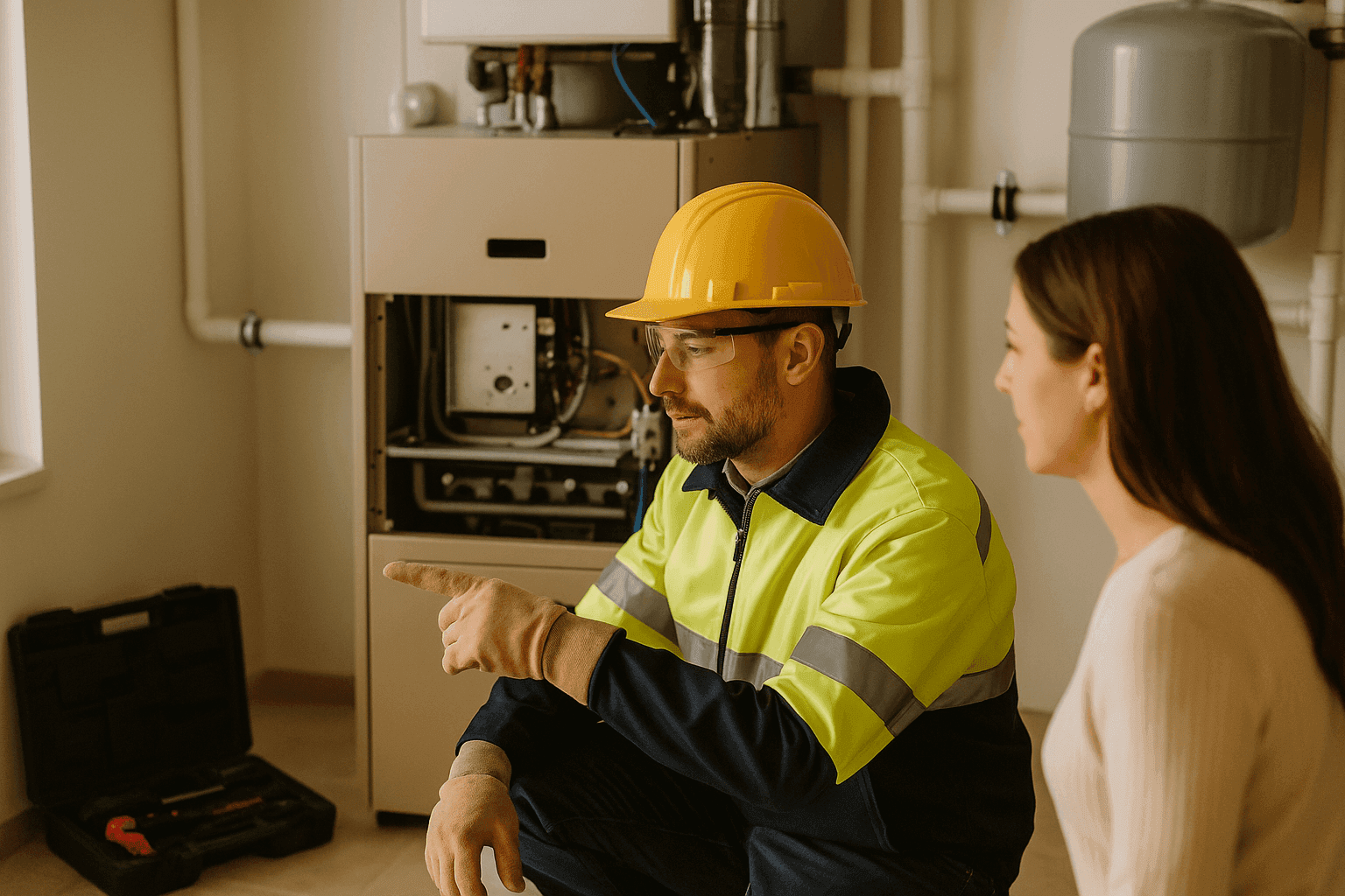 Technician preparing tools near a homeowner's furnace in a clean utility room