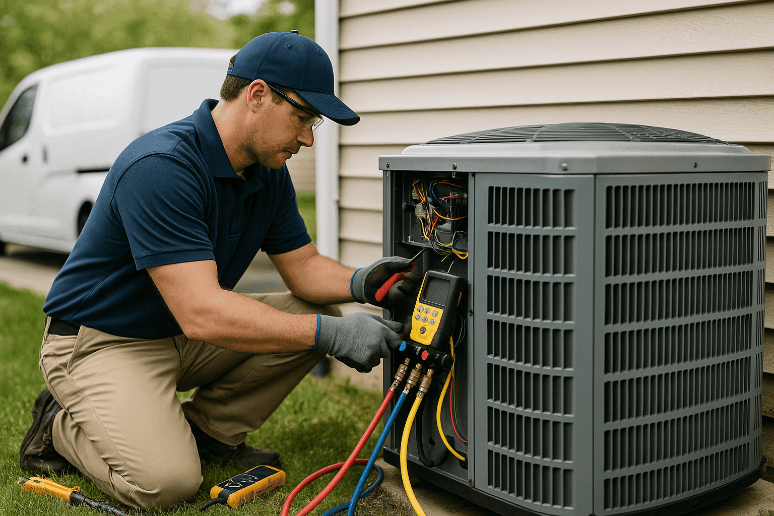 HVAC technician inspecting and maintaining an outdoor air conditioning unit