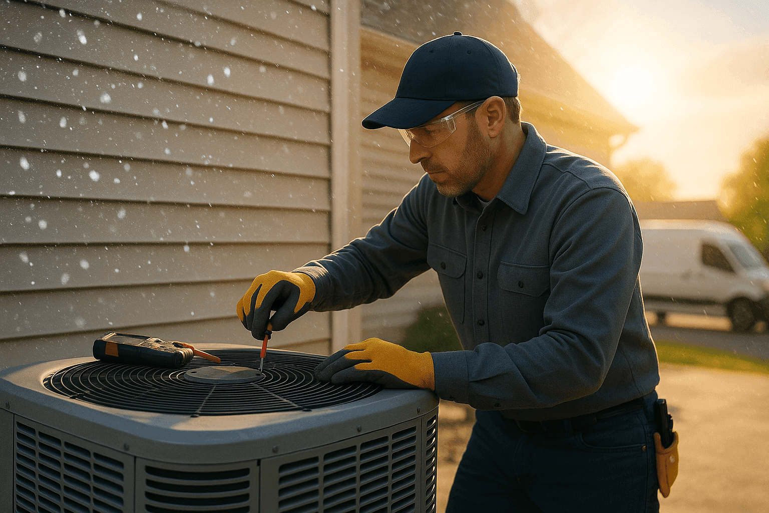 HVAC technician performing maintenance on outdoor air conditioning unit in mixed weather conditions