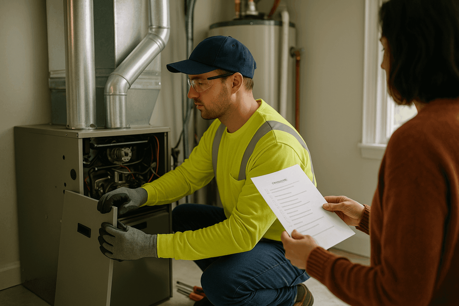 Technician inspecting a home's furnace with homeowner nearby holding a checklist
