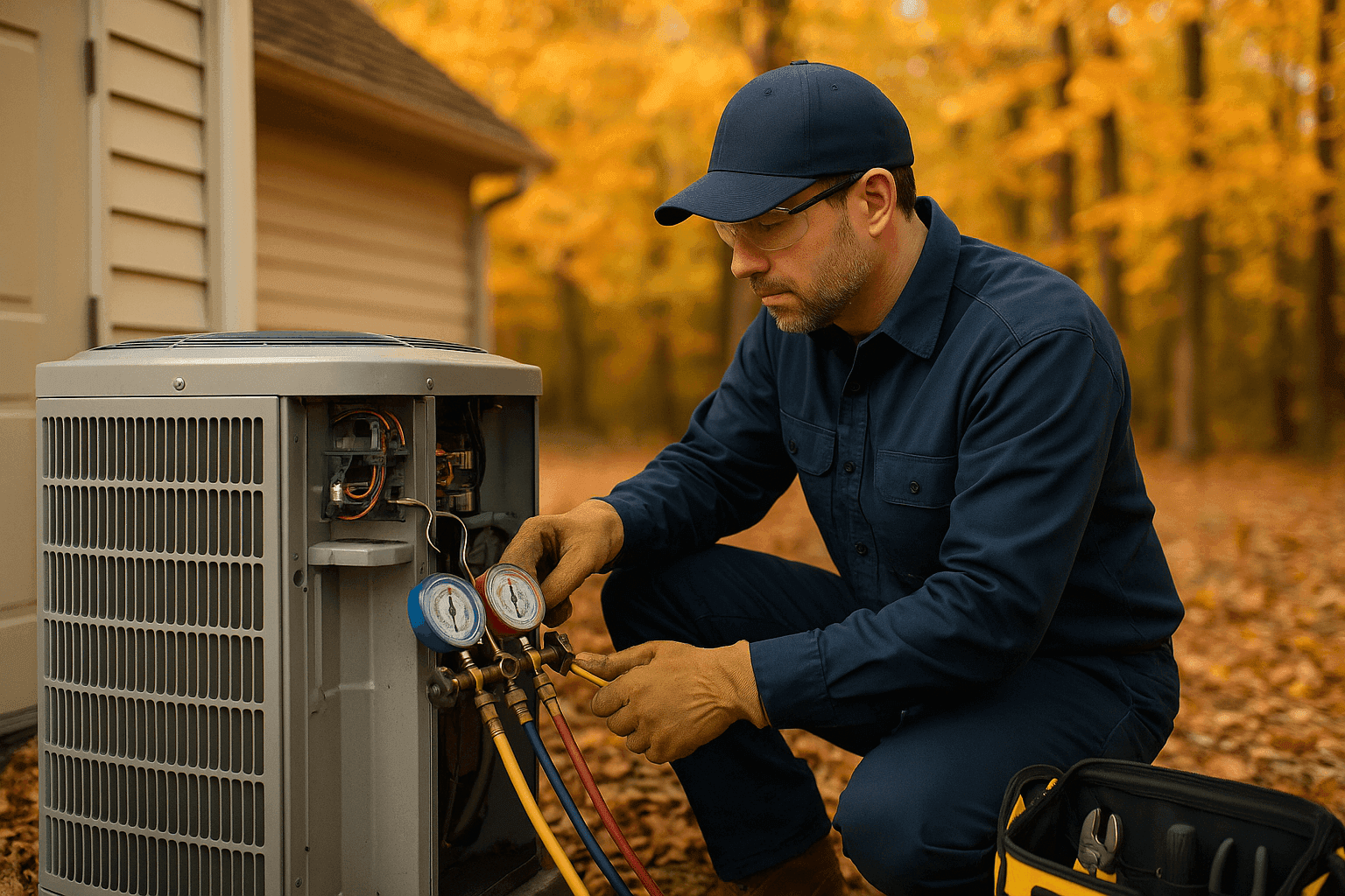 HVAC technician winterizing a home heating system outdoors in autumn